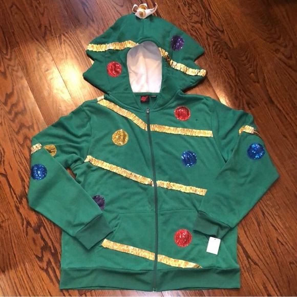 UNISEX Full Zip Sequin Ornaments & Gold Tinsel Christmas Tree w Pocket Sz XL NWT